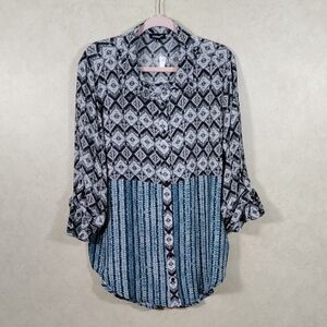 02092 Tolani black, gray & aqua silk button up blouse XL NWT